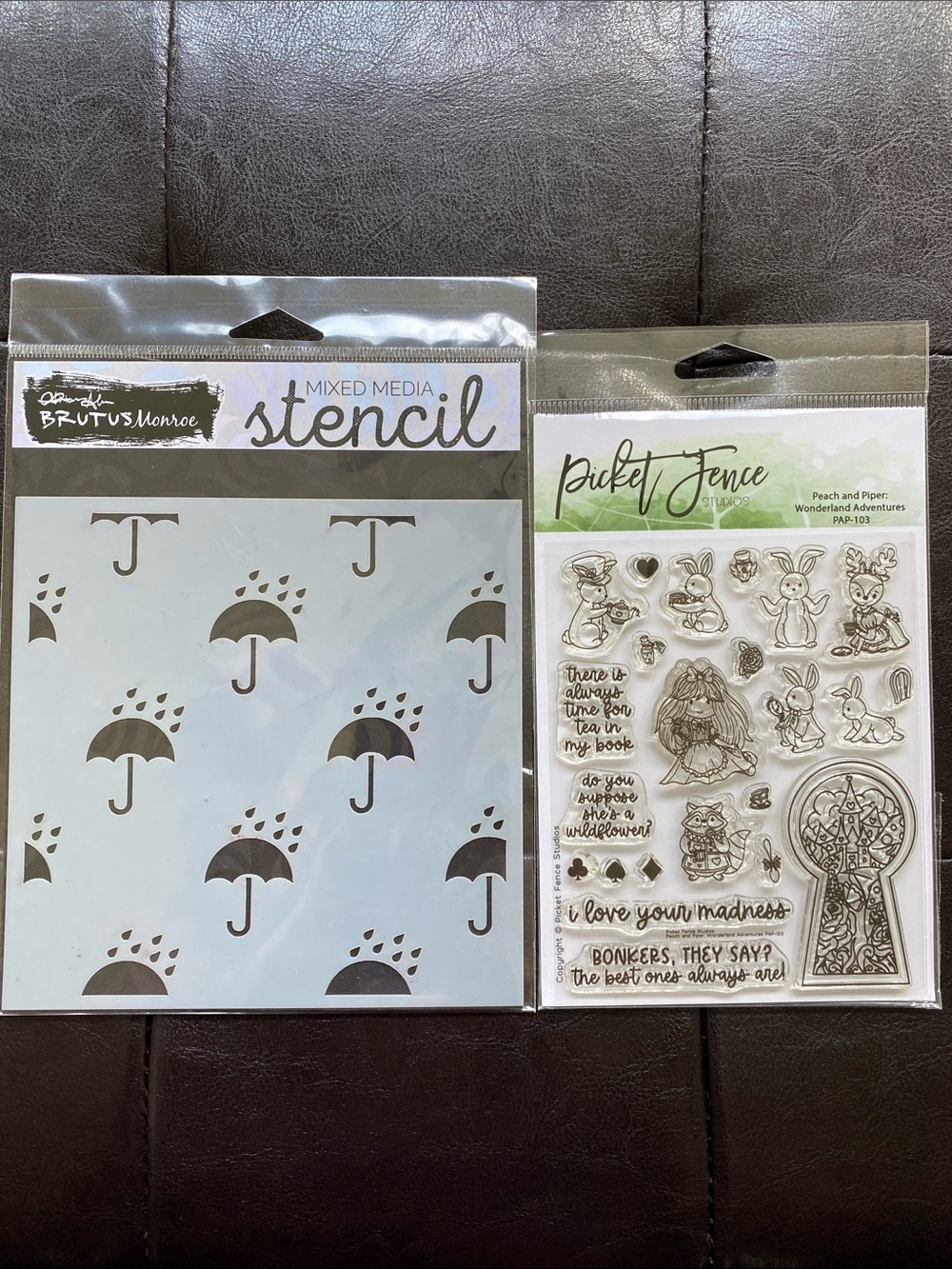 Umbrella rain stencil and Alice in Wonderland stamp set